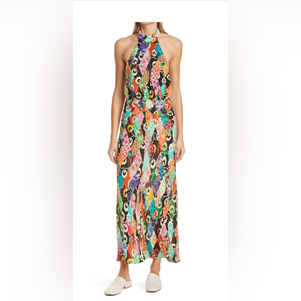 RIXO Kendra Metallic Fiber Pattern Mix Halter Neck Backless Maxi Dress